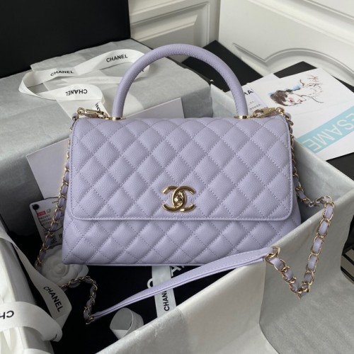 Chanel Sac à rabat avec poignée supérieure Cuir de veau grainé Métal doré A92991 violet clair