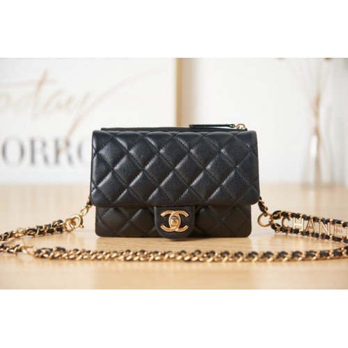 Pochette Chanel en cuir de veau grainé AS3225 noir