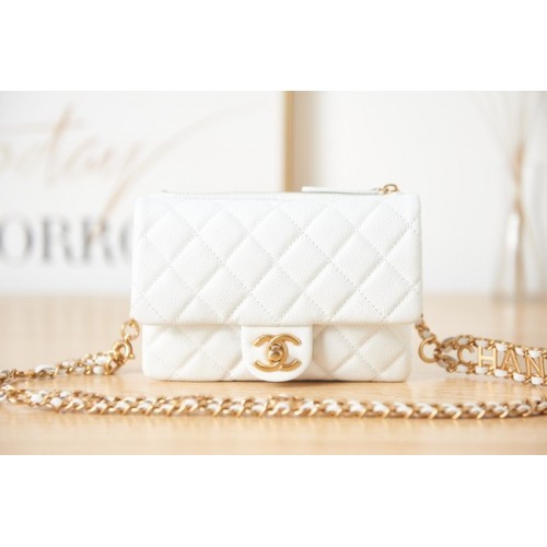 Pochette Chanel en cuir de veau grainé AS3225 blanc