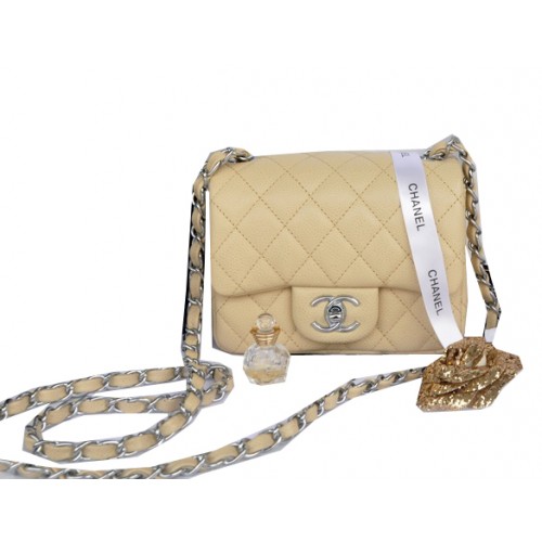 Chanel mini sac à rabat classique motif cannage abricot 1115 argent