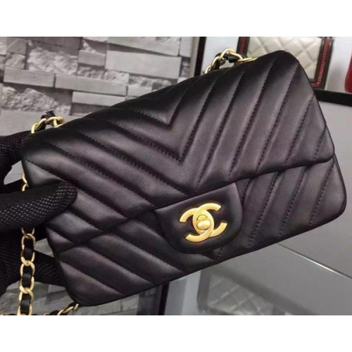 Chanel mini sac à rabat classique noir cuir de mouton d'origine Chevron CHA5500 or