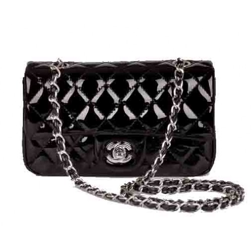 Chanel mini sac à rabat classique en cuir verni noir 1117 argent