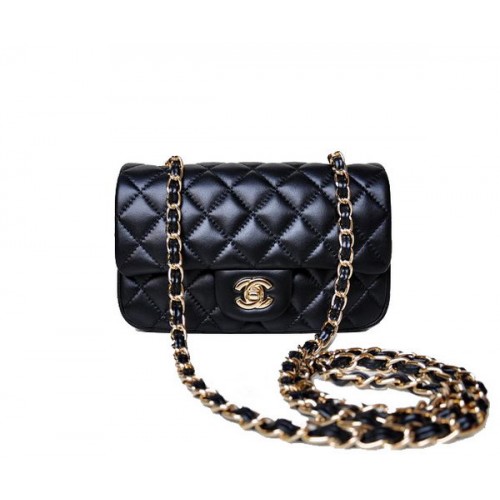 Chanel mini sac à rabat classique en peau de mouton noir 1117 or