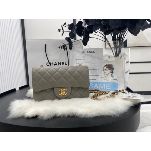 Chanel mini sac à rabat classique cuir de mouton original A1116 gris et métal doré