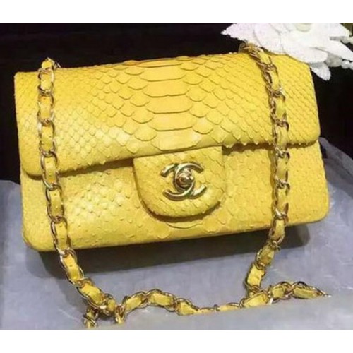 Chanel mini sac à rabat classique cuir de serpent original A1116 jaune