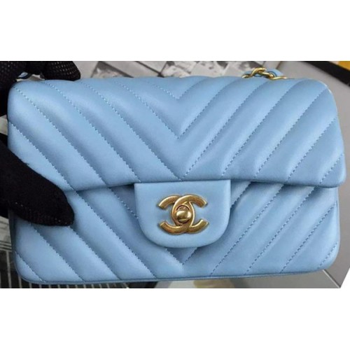 Chanel mini Classic Flap Bag SkyBlue Original Sheepskin Chevron Leather CHA5500 Or