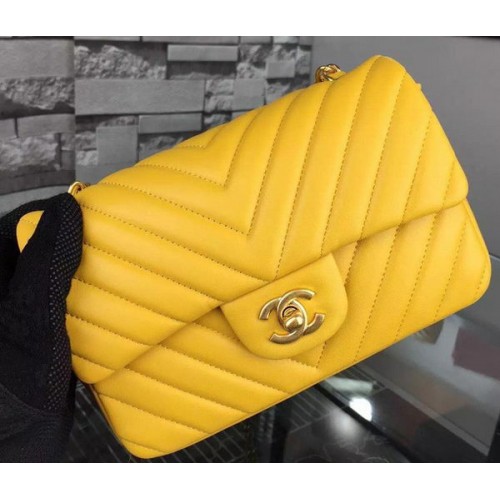 Chanel mini Classic Flap Bag Yellow Original Sheepskin Chevron Leather CHA5500 Or