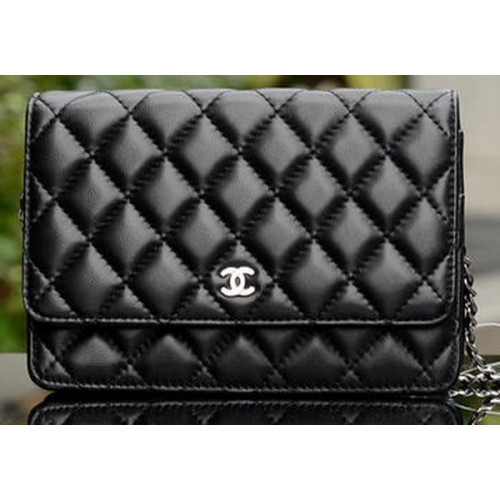 Chanel mini sac à rabat cuir de mouton noir A33814 argent