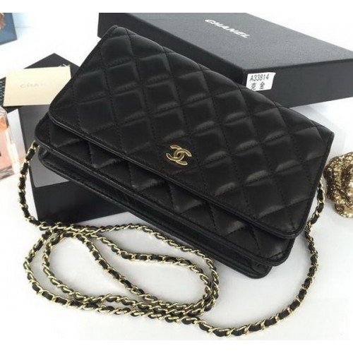 Chanel mini sac à rabat cuir de mouton noir A33814S or