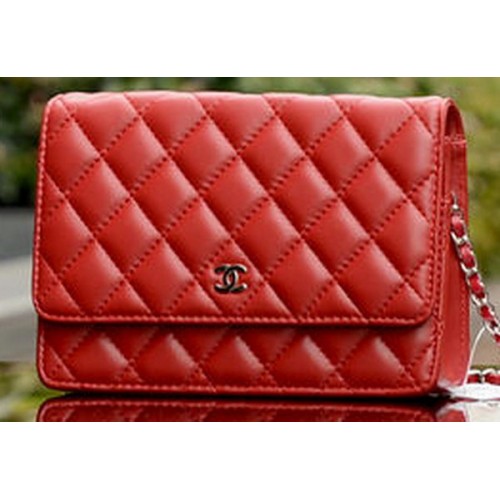 Chanel mini sac à rabat cuir de mouton rouge A33814 argent