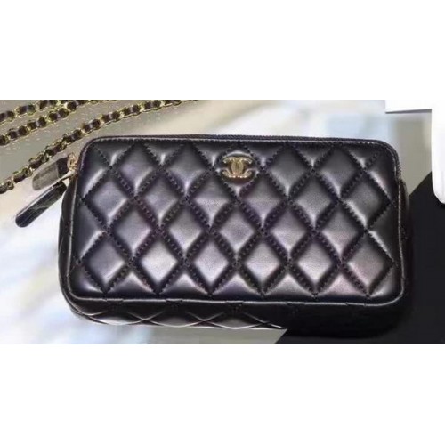 Chanel mini sac à bandoulière en cuir de mouton noir A7020 argent