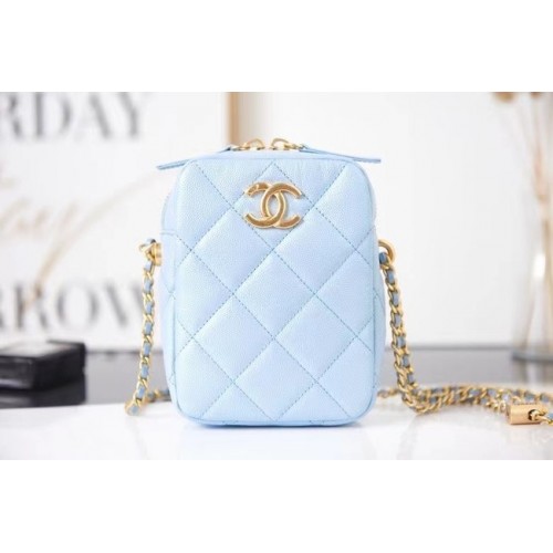 Chanel mini Sac à bandoulière Cuir de veau grainé AS2857 bleu clair