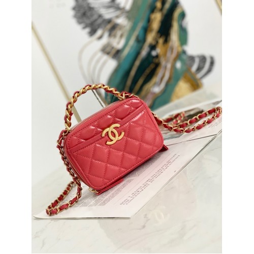 Chanel Mini Sac Bandoulière Agneau Métal Doré AS2178 rouge