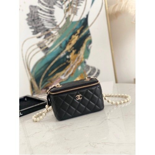 Chanel mini Sac Bandoulière Agneau Imitation Perles Métal Doré AS91192 noir