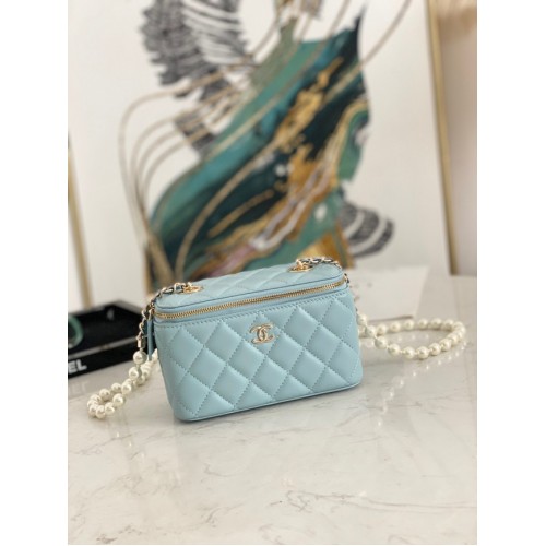 Chanel Mini Sac Bandoulière Agneau Imitation Perles Métal Doré AS91192 bleu clair