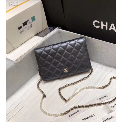 Chanel mini portefeuille sur chaine Métal Doré A84277 noir