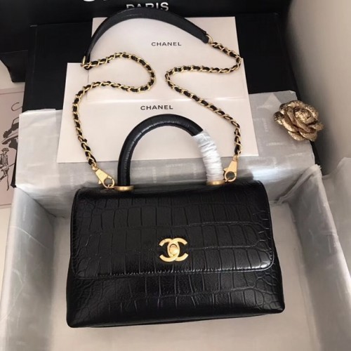 Chanel original sac à rabat en cuir de veau poignée supérieure A92290 noir & métal doré