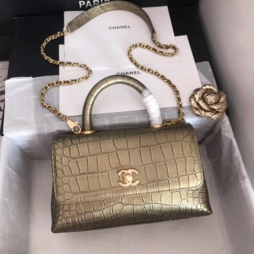 Chanel original sac à rabat en cuir de veau poignée supérieure A92290 bronze & métal doré