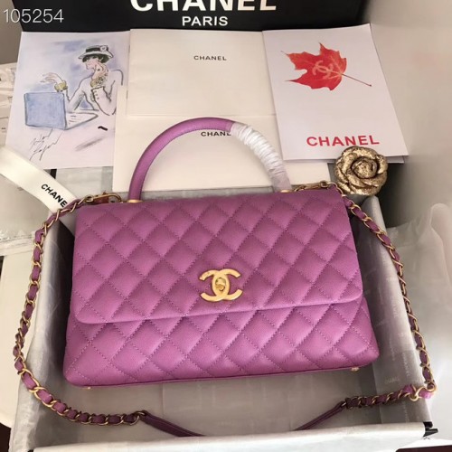 Chanel original sac à rabat en cuir de veau top handle A92292 métal violacé&doré