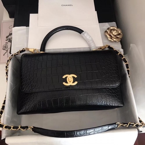 Chanel original sac à rabat en cuir de veau poignée supérieure A92292 noir & métal doré