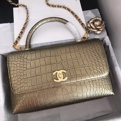 Chanel original sac à rabat en cuir de veau poignée supérieure A92292 bronze & métal doré
