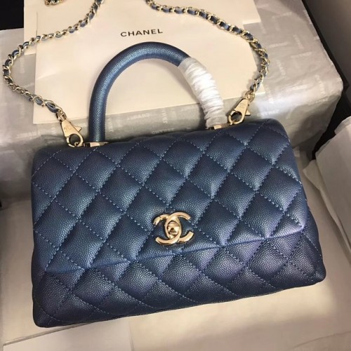 Chanel original Caviar sac à rabat en cuir top handle A92290 bleu & métal doré
