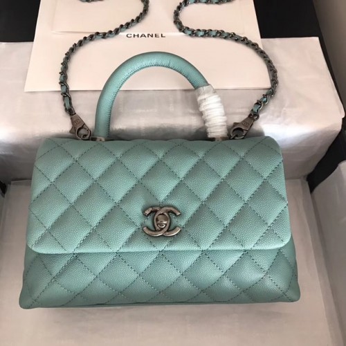 Chanel sac à rabat en cuir Caviar original poignée supérieure A92290 vert & métal argenté