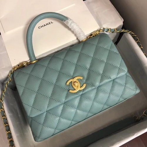 Chanel original Caviar sac à rabat en cuir top handle A92290 vert & métal doré