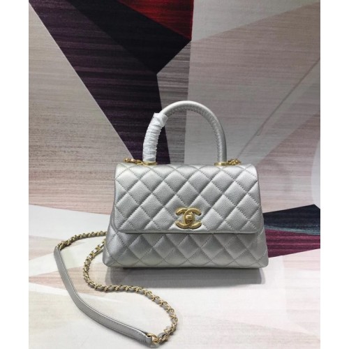Chanel original sac à rabat en cuir Caviar poignée supérieure A92290 métal argenté & doré