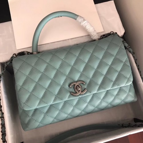 Chanel sac à rabat en cuir Caviar original poignée supérieure A92292 vert & métal argenté