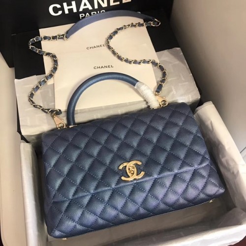 Chanel sac à rabat cuir Caviar original top handle A92292 bleu&Métal Doré