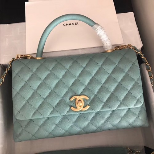 Chanel sac à rabat en cuir Caviar original poignée supérieure A92292 vert & métal doré