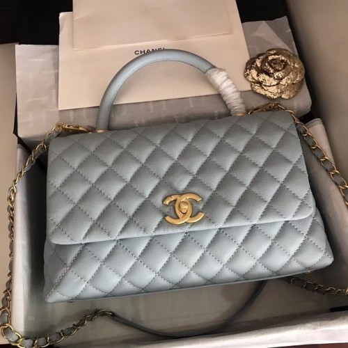 Chanel sac à rabat en cuir Caviar original top handle A92292 bleu clair&Métal Doré