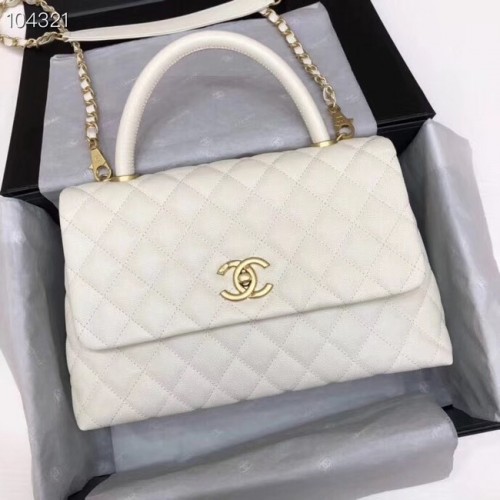 Chanel sac à rabat cuir Caviar original top handle A92292 blanc&Métal Doré