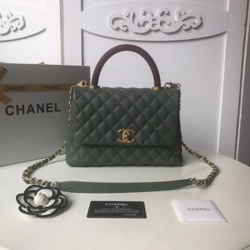 Chanel sac à rabat en cuir Caviar original poignée supérieure A92991 Vert noirâtre