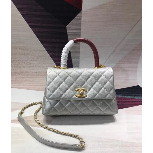 Chanel sac à rabat en cuir Caviar original poignée supérieure B92290 Métal argenté & doré