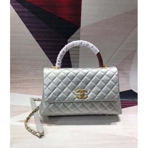 Chanel sac à rabat en cuir Caviar original poignée supérieure B92291 Métal argenté & doré