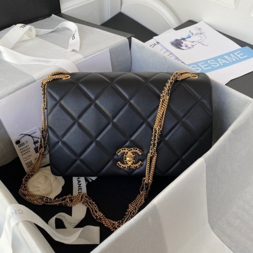 Chanel petit SAC À RABAT Agneau Métal Doré AS3387 noir