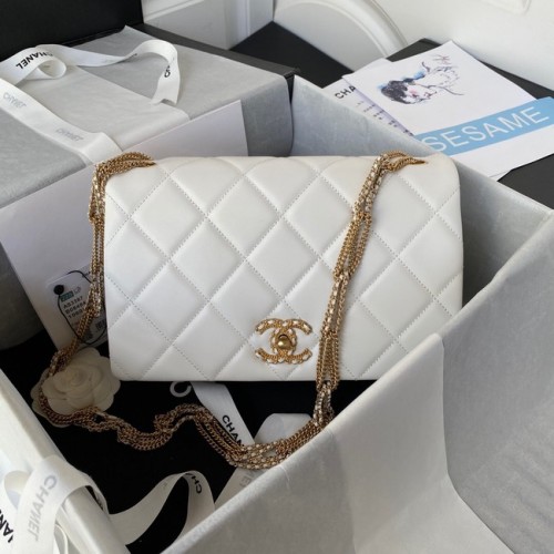Chanel petit SAC À RABAT Agneau Métal Doré AS3387 blanc