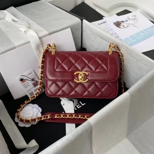 Chanel petit sac à bandoulière à rabat cuir d'origine AS2714 vin