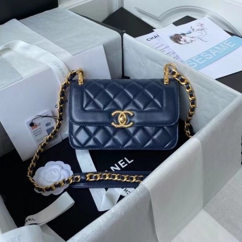 Chanel petit sac à bandoulière à rabat en cuir d'origine AS2714 bleu