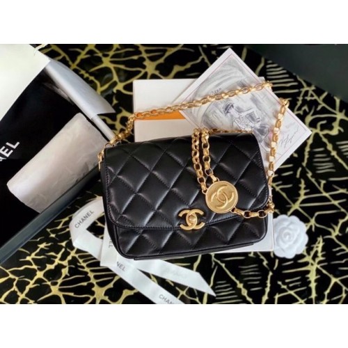 Chanel petit sac à rabat Agneau Métal Doré AS2189 noir