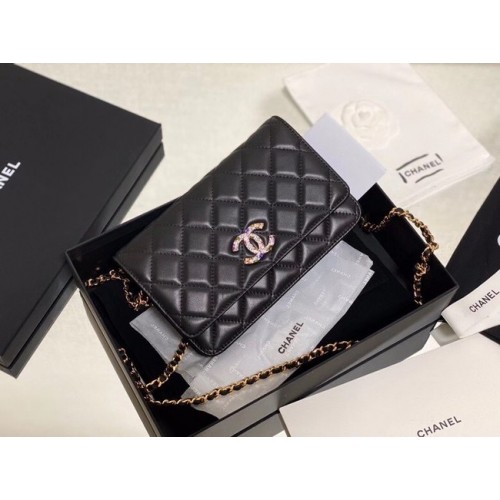 Chanel portefeuille sur chaîne Agneau Métal doré laqué AP2021 noir