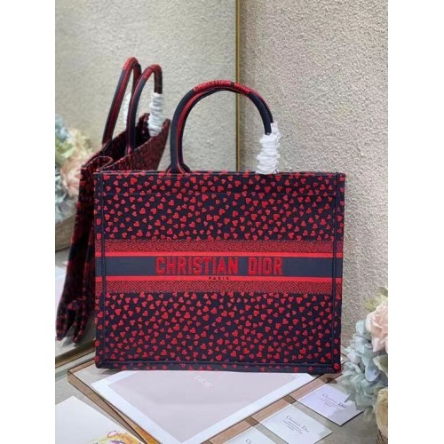 DIOR BOOK TOTE Bleu Marine I Love Paris et Broderie Coeurs Rouges M1286ZR