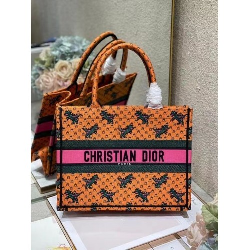 DIOR BOOK TOTE Orange Multicolore Broderie Dragon Fire M1296ZJ