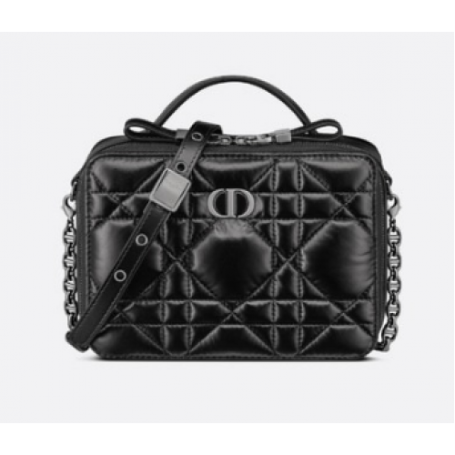 SAC DIOR CARO BOX AVEC CHAÎNE Cuir de veau macrocannage matelassé noir S5140B