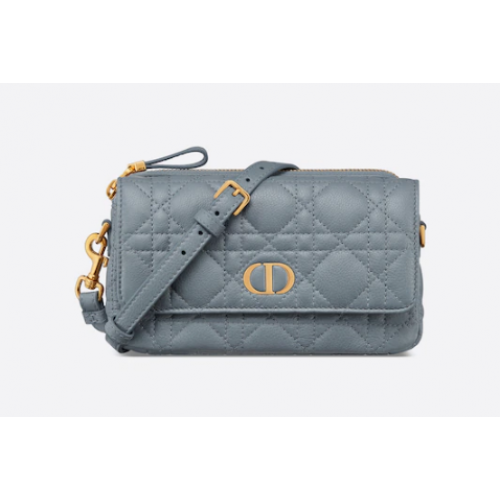 POCHETTE DIOR CARO AVEC CHAÎNE Cuir de veau souple Cannage S5125UWH Bleu nuage