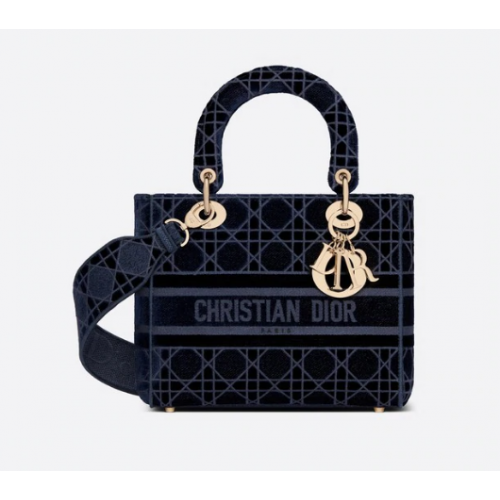 SAC DIOR MEDIUM LADY D-LITE Velours Brodé Cannage Bleu M0565