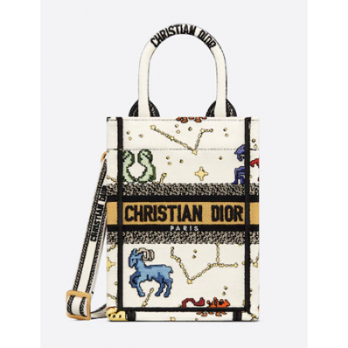DIOR MINI DIOR BOOK TOTE PHONE BAG Latte Multicolore Dior Pixel Zodiac Broderie S5555CR