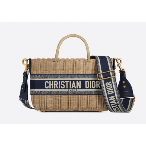 SAC PANIER EN OSIER DIOR Jacquard Dior Oblique Bleu et Osier Naturel M7601